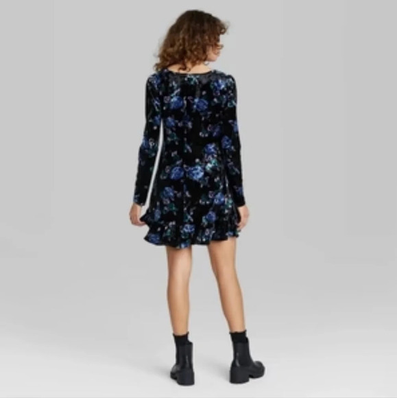 Velvet Floral Drop Hem Longsleeve Mini Dress Black-Blue New! Whimsigoth - Picture 2 of 5
